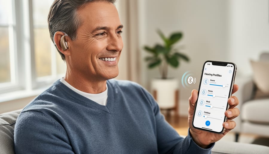 Senior woman using smartphone to adjust her hearing aid settings while outdoors