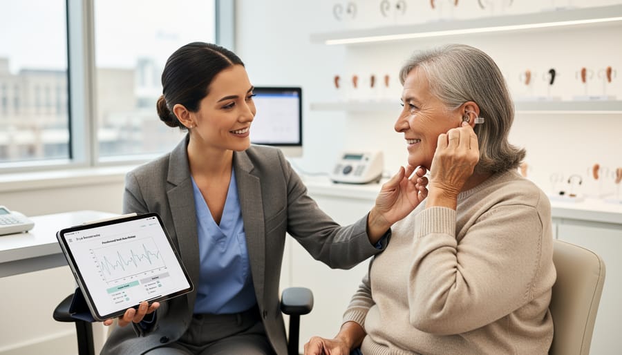 Audiologist consulting with senior patient in professional office setting