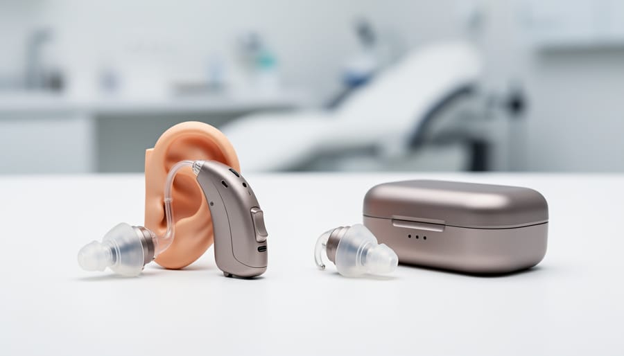Close-up of person holding a modern hearing aid with custom ear mold