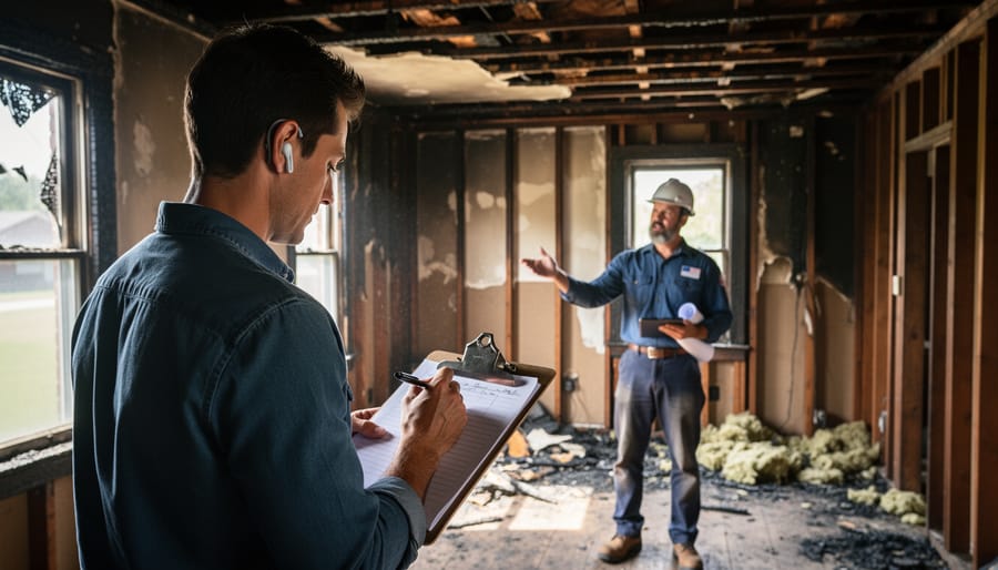 Buyer wearing hearing aids taking notes during a walkthrough in a fire-damaged house with a contractor nearby.