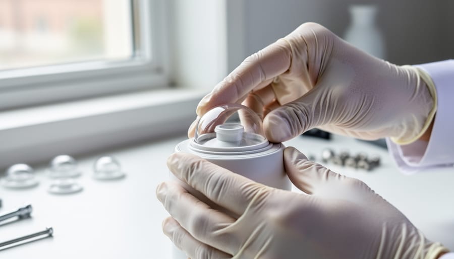 Person’s hands changing a hearing aid dome while preparing the new dome near a small mirror
