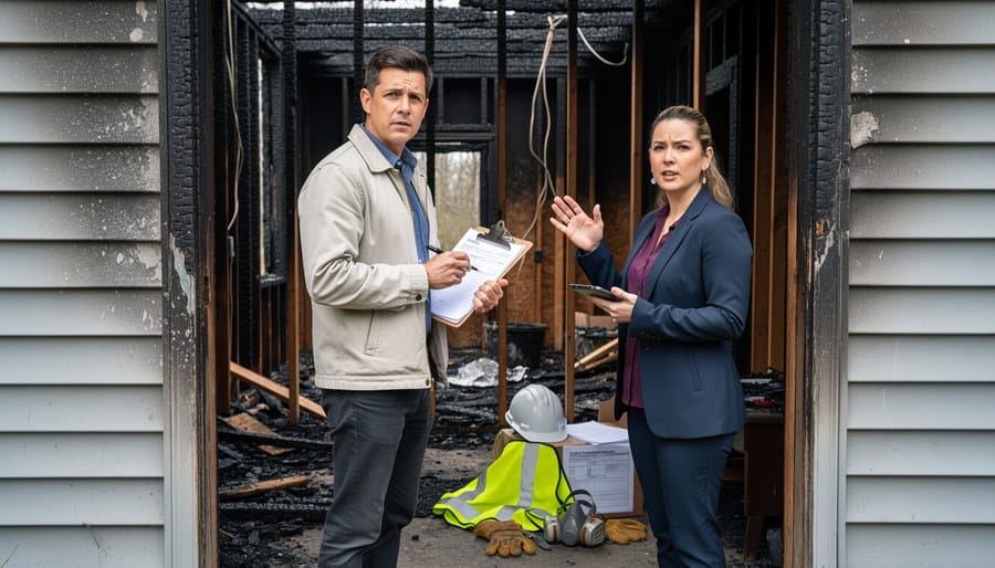 Person with a clipboard and interpreter at the entrance of a fire-damaged house during a property inspection, with soot-stained walls and safety-focused documentation visible.