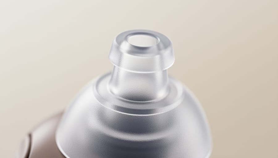 Close-up of a Signia hearing aid dome held between fingertips on a clean counter