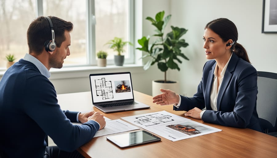 Buyer wearing hearing aids discussing paperwork with a real estate agent in a quiet office setting.