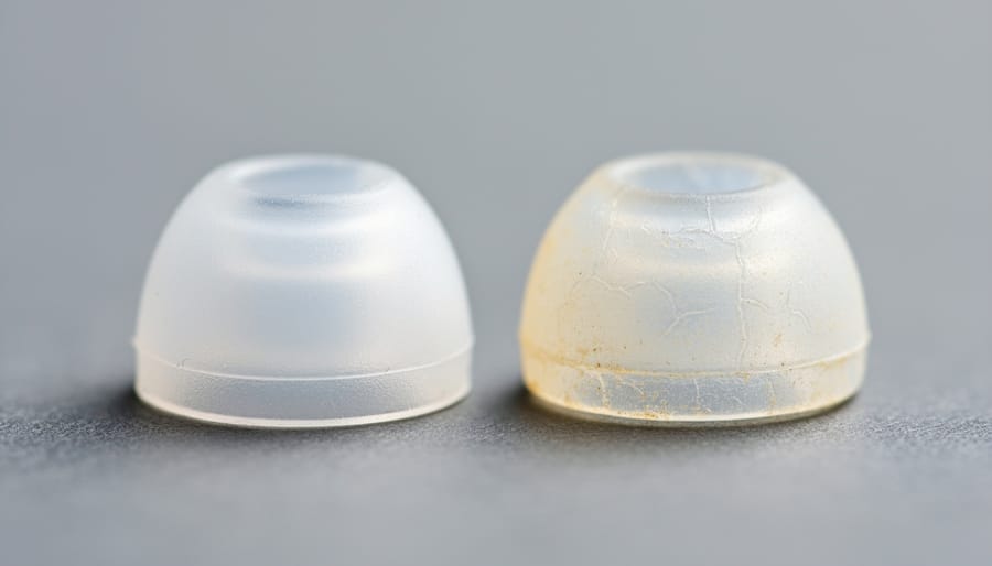 Macro view of worn and intact hearing aid domes on white tissue showing discoloration and deformation