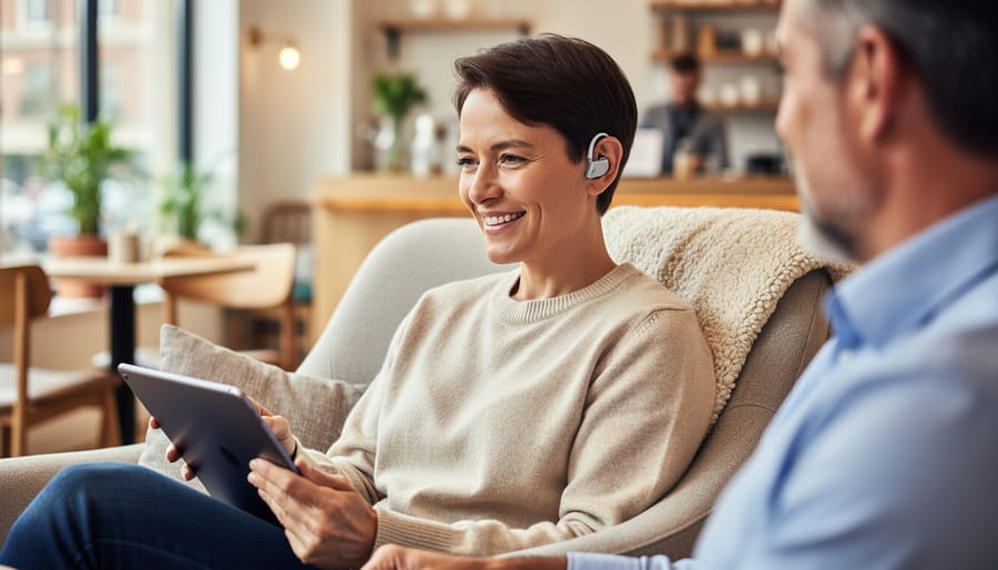 Adult wearing behind-the-ear hearing aids holding an assistive listening remote in a quiet room