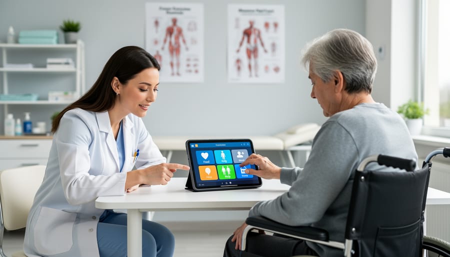Clinician assisting an adult with an accessible smartphone used for daily communication and independence