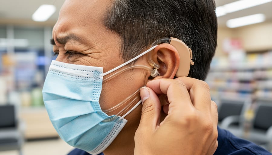 Close-up of a hearing aid user adjusting a behind-the-ear device while wearing a face mask