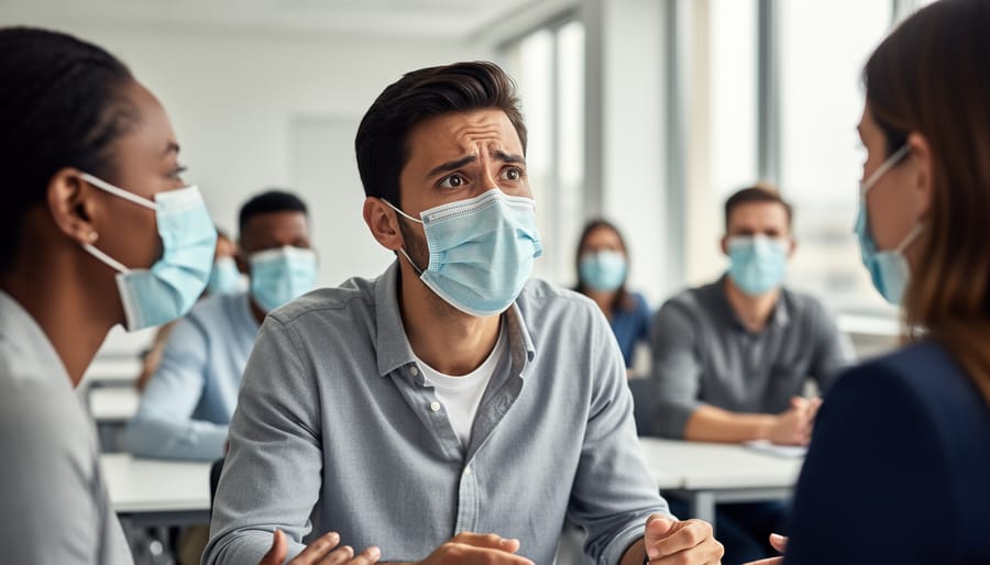 Person wearing a medical face mask talking with blurred background behind them