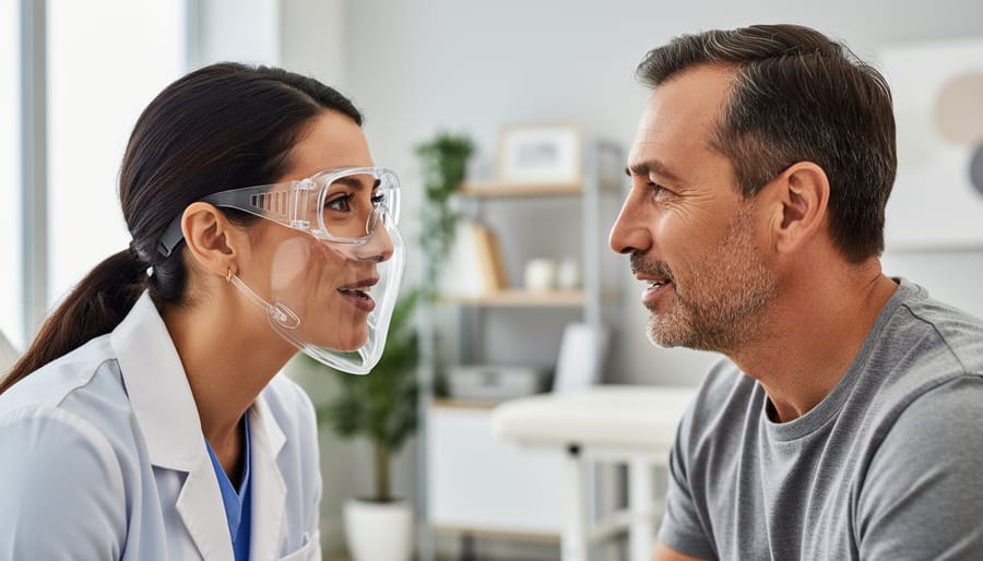 Two people communicating face-to-face with one person wearing a clear face mask