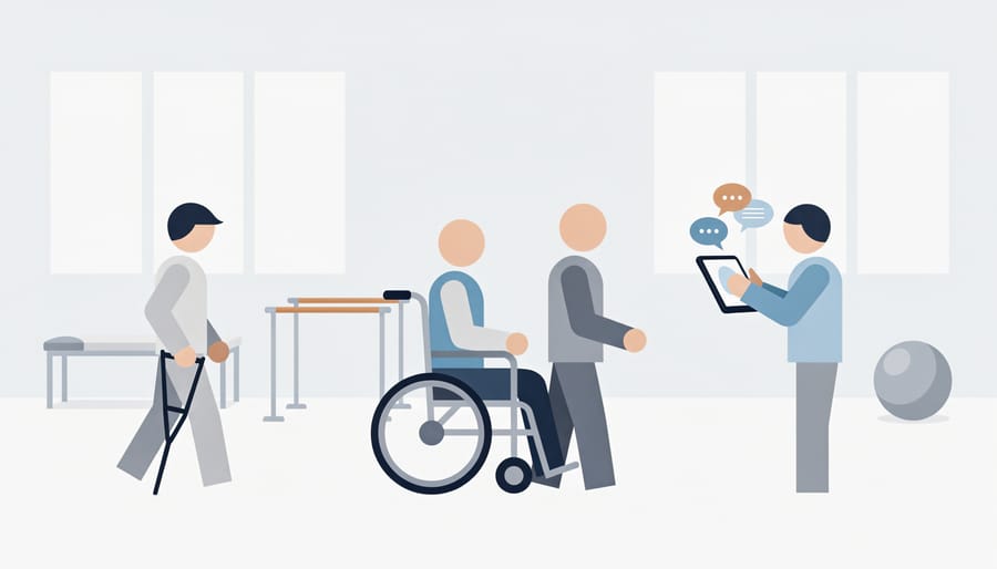 Wheelchair user and caregiver setting up a tablet communication device on an adjustable tray in a therapy room