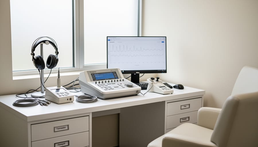 Audiology clinic equipment including an ear-testing headset on a chair