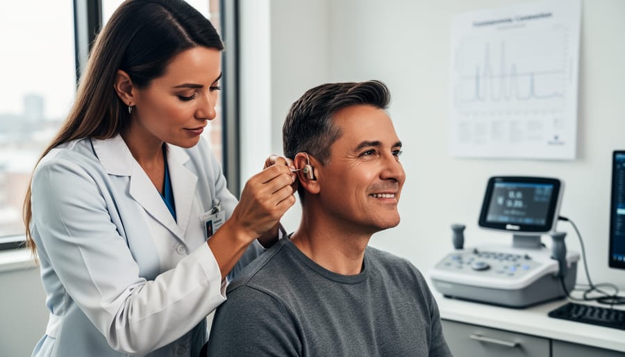 Hearing care professional adjusting a hearing aid on a patient in a clinic.