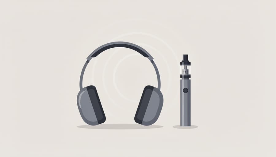 Adult sitting in a dim room wearing headphones while an unused vaping device rests on a nearby table