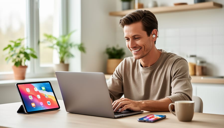Person wearing a hearing aid while using a smartphone in a bright living room.