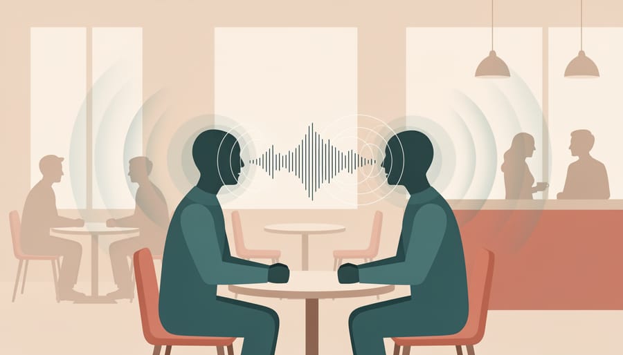 People in a café with a soft light metaphor suggesting clearer speech clarity, with a hearing aid visible on one person.