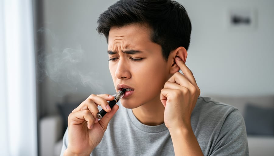 Young adult touching their ear while holding a vape device