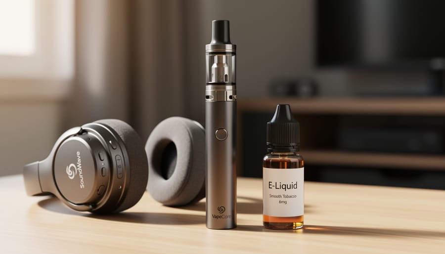 E-cigarette device and e-juice bottle placed near headphones on a bedside table